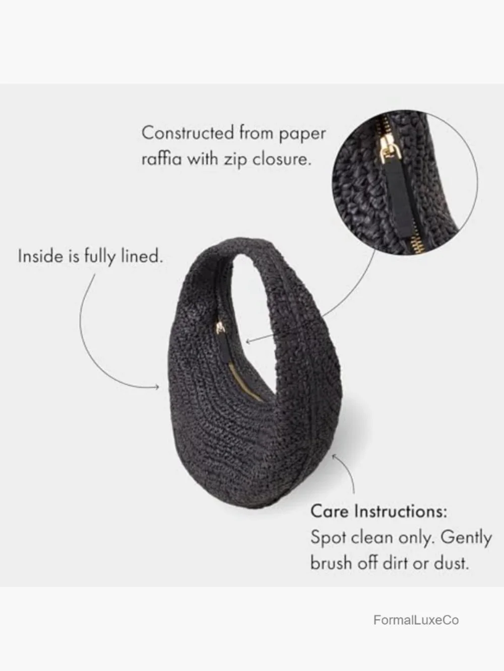 Paper Raffia Hobo Bag with Zipper Closure, Fully Lined Circle Bag, Stylish
